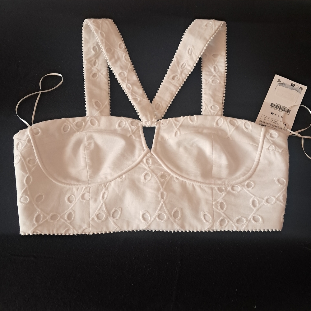 Zara Top Elegant White Embroidered Women Size L NEW